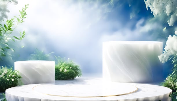 White Marble Podiums with Green Foliage and Blue Background photo