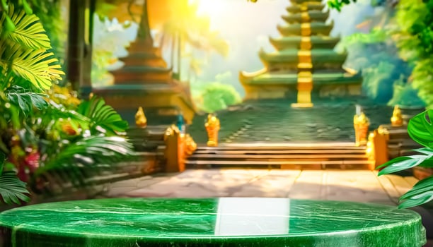 Green Marble Tabletop with Blurred Temple Background photo