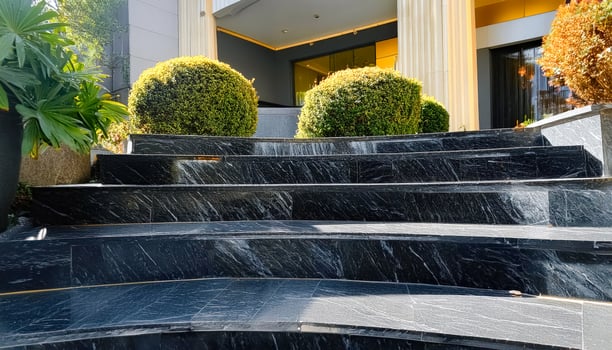 Black Marble Steps with Green Bushes photo