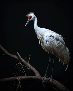 Siberian Crane bird standing on the rooted in studio isolated on black background photo