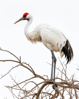 Siberian Crane bird standing on the rooted in studio isolated on white background photo