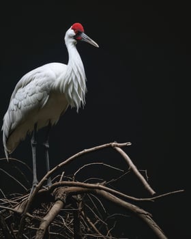 Siberian Crane bird standing on the rooted in studio isolated on black background photo