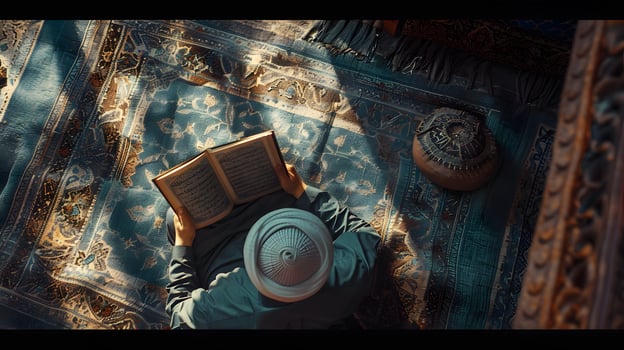 An overhead angle shows a Muslim man reading the Quran in a peaceful setting with a dim and serene nighttime background. photo
