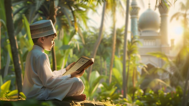 A Muslim boy is holding a Quran with a peaceful atmosphere and a serene scenic background photo