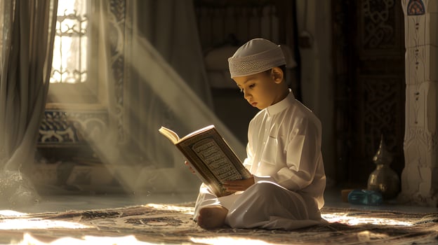 A Muslim boy is holding a Quran with a peaceful atmosphere and a serene scenic background photo