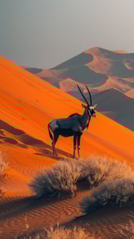 Lone antelope with long, elegant horns standing amidst the sprawling sand dunes of a vast desert, showcasing the raw beauty and serenity of nature. photo