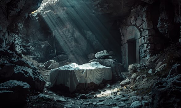 Empty cave. Stone tomb of Jesus Christ. Religion concept. The Biblical Story photo