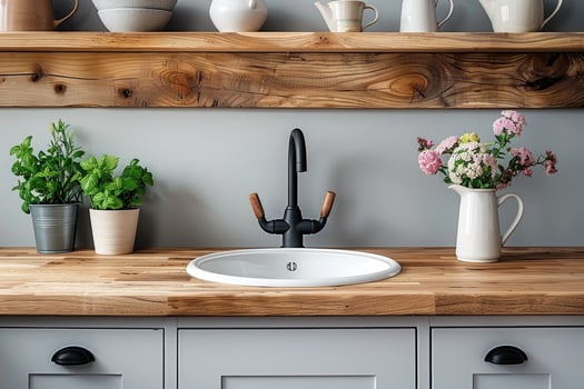 Rustic Kitchen Sink with Wooden Countertop and Farmhouse Decor photo