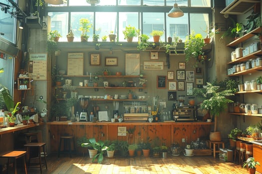 Sunlit Cafe Interior with Plants and Wooden Counter photo