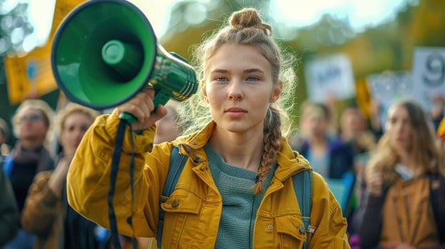 Young Activist Leading a Passionate Protest for Climate Justice in a Vibrant Park on a Sunny Day photo