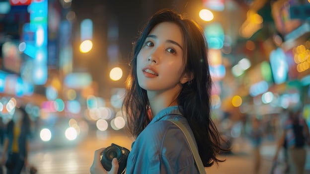 A Nighttime Wanderer Capturing Urban Beauty in a Vibrant Cityscape Filled With Lights photo