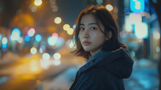 A Young Woman Stands Reflectively on a Vibrant City Street at Nighttime photo