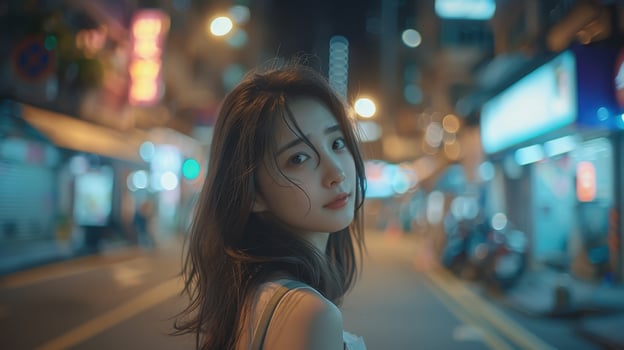 Young Woman Strolling Through Vibrant City Streets Under Dusk Lights on a Warm Evening photo