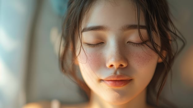 Serene Morning Light Illuminates a Young Woman's Peaceful Face as She Relaxes on a Cozy Bed in a Tranquil Bedroom photo