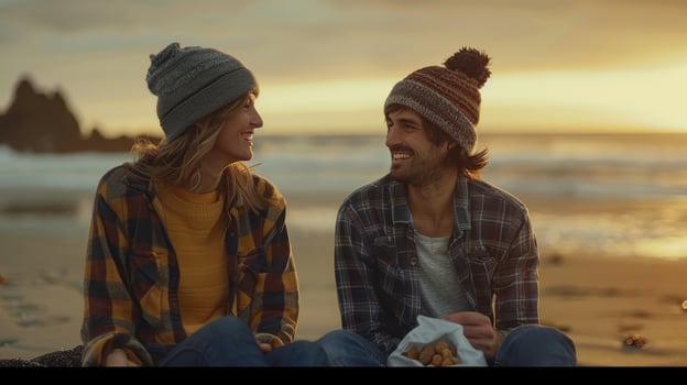 Golden Sunset Embrace Between Two Smiling Friends on a Beach in Autumn Twilight photo