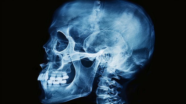 Detailed X-Ray Image of a Human Skull Showing Bones and Teeth on a Dark Background. Concept of Medical Imaging, Anatomy, Skeletal Structure photo
