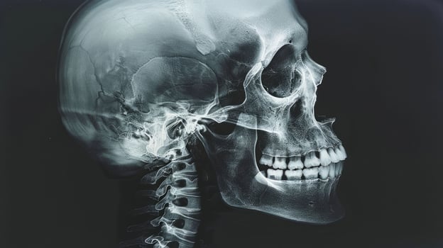 Detailed X-Ray Image of a Human Skull Showing Bones and Teeth on a Dark Background. Concept of Medical Imaging, Anatomy, Skeletal Structure photo