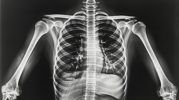 X-ray image of a human chest and spine, displaying detailed bone structure. Concept of medical imaging, radiology, human anatomy, diagnostic tool photo