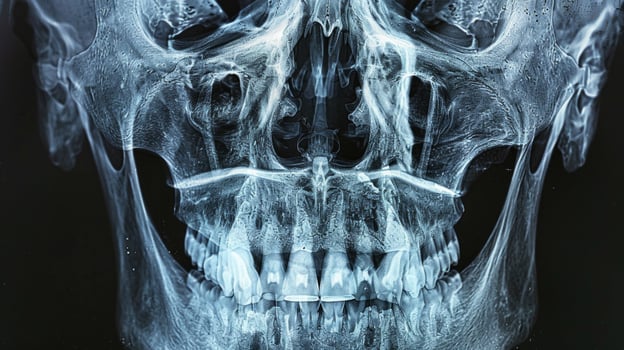 Close-up X-ray Image of a Human Skull with Teeth. Concept of medical imagery, anatomy, head examination, healthcare diagnostics photo