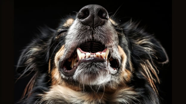 Close-up of a Playful Laughing Dog with its Teeth Visible on a Black Background. Concept of Pet Joy, Furry Friend Amusement, Canine Happiness, Funny Puppy photo