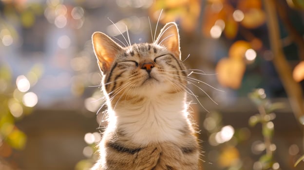Tabby kitten enjoying sunlight with a peaceful expression in a grassy field. Concept of feline relaxation, contentment, and natural beauty. The serene moment captures the kitten's joy in nature photo