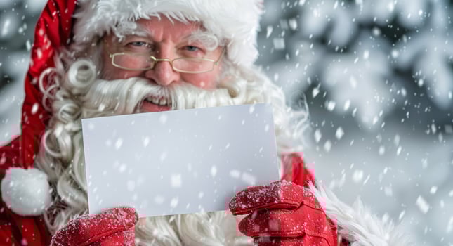 Smiling Santa Claus Holding Blank White Card in Snowy Winter Scene. Concept of Christmas, Holiday Greetings, Festive Season, Empty Card. Greeting, postcard, mockup, invitation, letter. Copy space photo