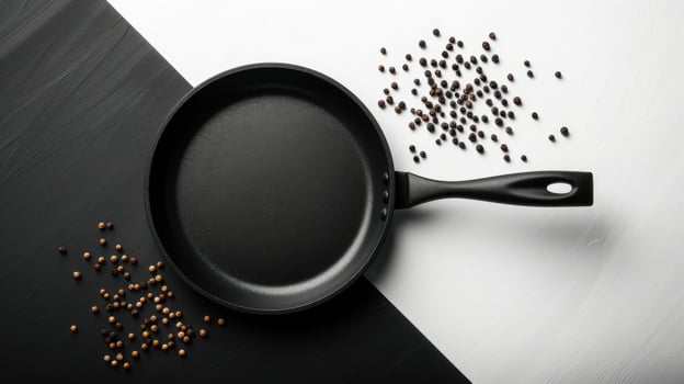 Black Non-Stick Frying Pan on Black and White Background with Peppercorns - Modern Kitchenware Concept photo