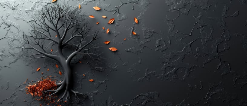 Abstract Black Tree with Falling Leaves on Textured Dark Background - Modern Minimalist Art photo