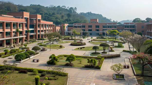 Modern university campus with landscaped garden and scenic surroundings photo