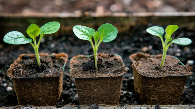 Young Seedlings Growing in Biodegradable Pots in Organic Soil photo