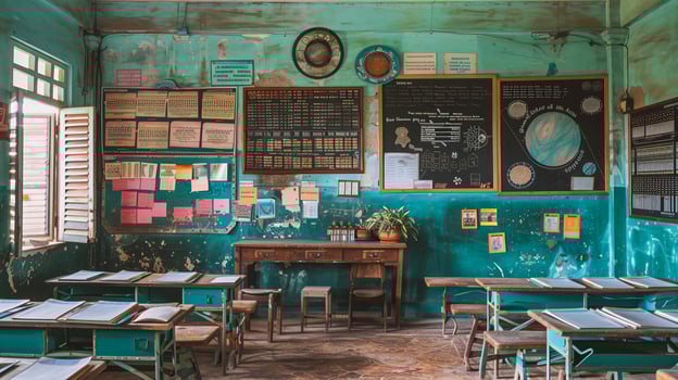 Vintage Classroom with Detailed Chalkboards and Wooden Desks photo