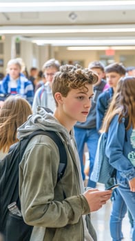 Teenager with backpack and smartphone walking in busy school hallway during class change photo