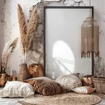 Cozy Bohemian Home Decor with Rustic Cushions and Natural Elements photo
