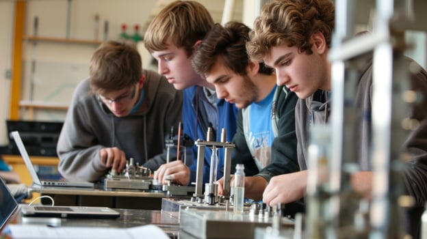 High school students conducting hands-on engineering experiment in lab photo