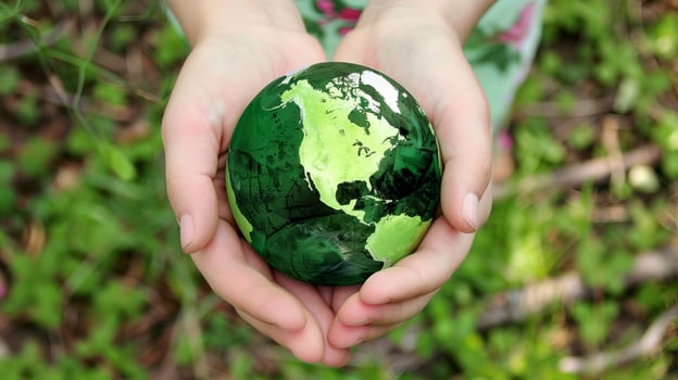 Hands Holding Earth with Green Leaf Background for Environmental Protection photo