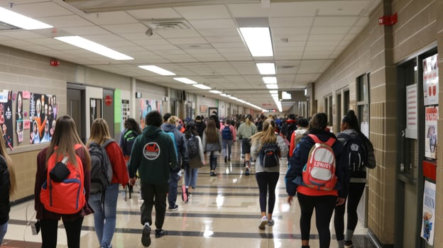 High school hallway crowded with students photo