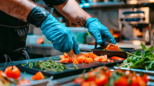Chef with blue gloves chopping vegetables in a professional kitchen photo