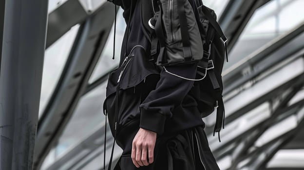 Urban style young man in techwear fashion in city setting photo