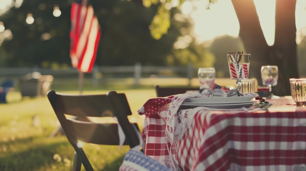 Patriotic outdoor dinner setup with American flag photo