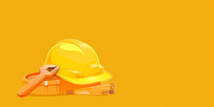 Yellow construction hard hat with tools on yellow background, safety concept photo