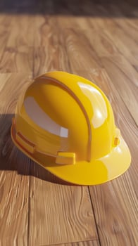Bright yellow construction helmet on a wooden floor indoors photo