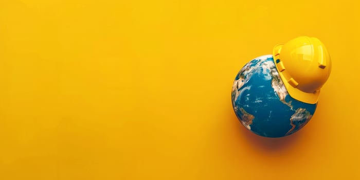 Earth with Construction Helmet on Yellow Background, Concept of Global Safety photo