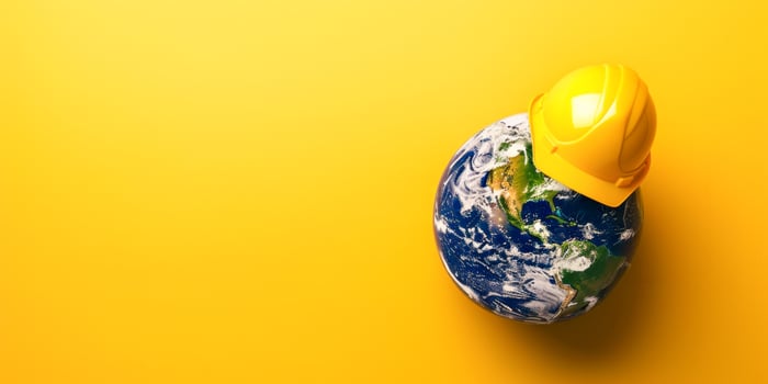 Earth with yellow hard hat on yellow background photo