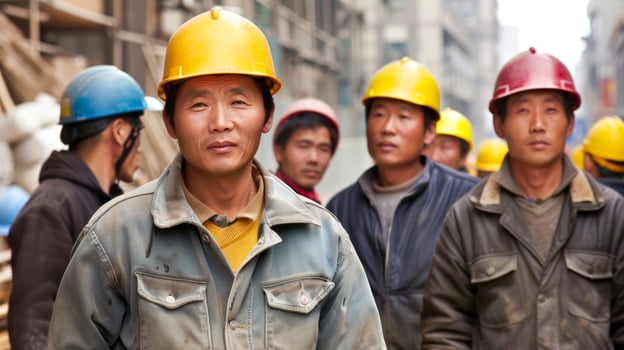 Asian construction workers in an urban setting with helmets photo