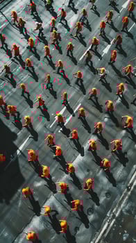 Aerial view of organized construction workers in orange uniforms photo
