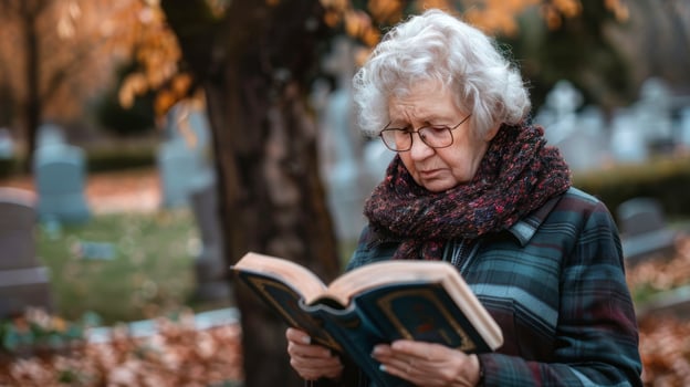 Elderly woman reading in a cemetery during autumn photo