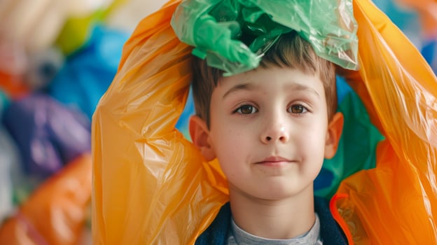 Boy playing with colorful plastic recycling bags photo