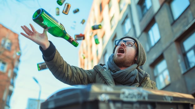 Man recycling glass bottles into bin outdoors photo