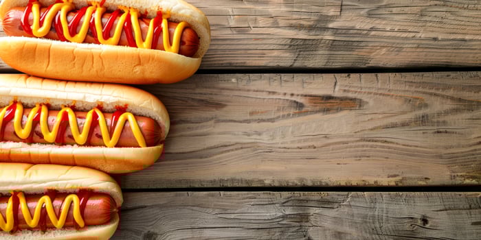 Close-up of hot dogs with condiments on rustic table photo