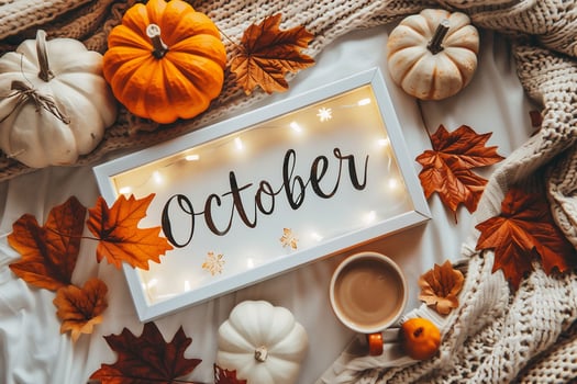 Autumn composition with pumpkins, knitted plaid, cup of coffee and autumn leaves on white wooden background photo